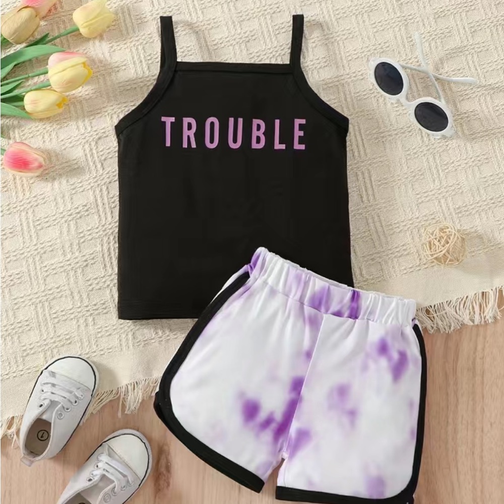 Black and Purple 2 Pcs Trouble Shorts Set